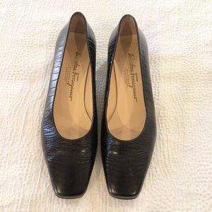 Salvatore Ferragamo Black Crocodile Embossed Pump